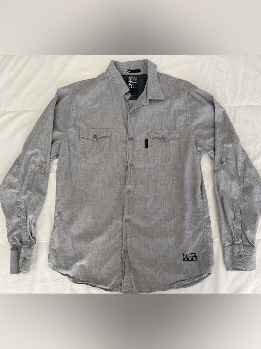 Billabong Men’s Gray Long Sleeve Roll-Tab Button Up Utility Shirt Size L